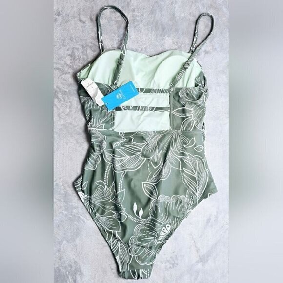 137.🆕 XL Floral Print Shirred Cutout One Piece Green Swimsuit NWT - Picture 2 of 4